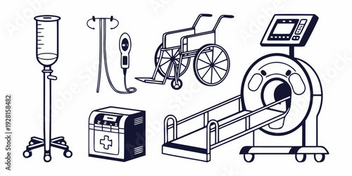An assortment of medical equipment including a wheelchair, walker, and more. Vector