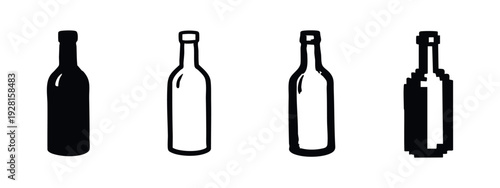 Classic Wine Bottle Icon Set: Stylized in Solid, Outline, Hand-Drawn Sketch, and Pixel Art Forms