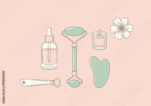 Self Care Beauty Tools And Serum Bottle Arranged With Aromatherapy Candle And Delicate Flower On Pastel Background