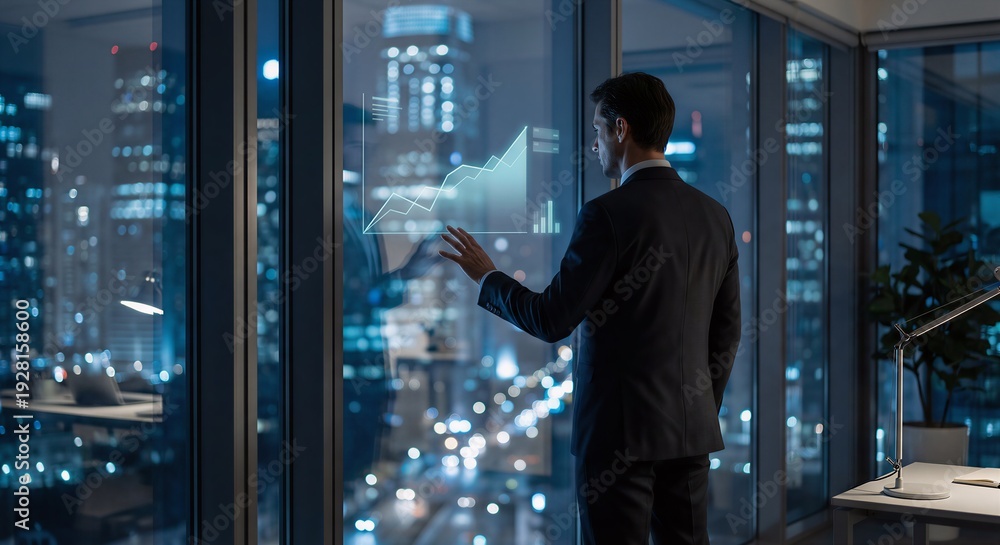 Fototapeta premium Anonymous executive observing financial growth projection reflected on glass window with city skyline at night, premium corporate strategy concept.