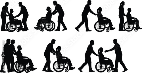 Caregiver assisting wheelchair patient silhouettes showing support, mobility aid and healthcare assistance isolated on white background vector illustration