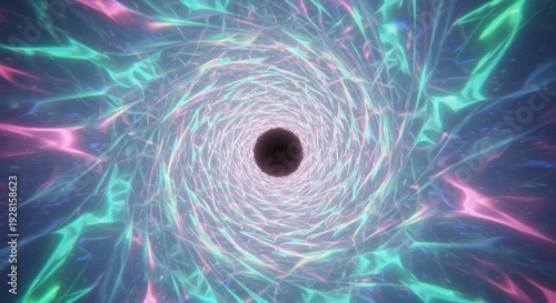 Glowing fractal tunnel structure spirals toward a central dark singularity