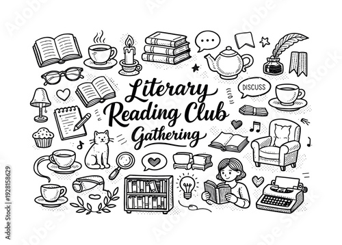 Literary reading club gathering, hand drawn doodle elements set, center hand-lettered title, black & white vector line art, bold