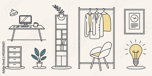 A cozy home office setup with a desk, chair, and various decor items. Vector