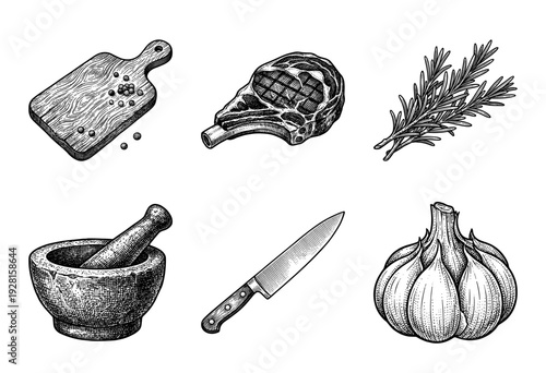 Vintage style hand drawn engraving set of meat cooking ingredients and kitchen tools including steak rosemary garlic and mortar