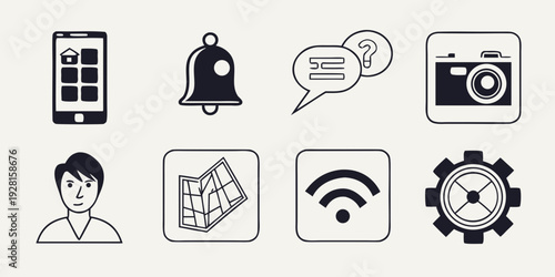Icons representing various functions and features of a smartphone application. Vector