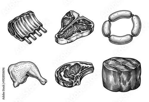 Vintage hand drawn engraving style meat products collection featuring steak cuts ribs sausages and poultry