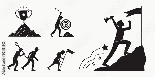 A series of stick figure illustrations depicting various athletic activities and achievements. Vector