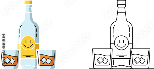 Whiskey bottle and glass vector illustration with outline and colored alcohol drink set for bar, party, and beverage design