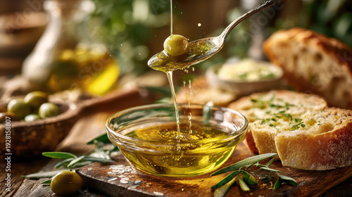 Golden Olive Oil Delight: A close-up showcases the pouring of golden olive oil from a spoon into a glass bowl, complemented by olives and rustic bread. A culinary art.