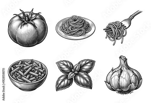 Vintage woodcut style engraving collection of Italian pasta ingredients including tomato, basil, garlic, penne, and spaghetti