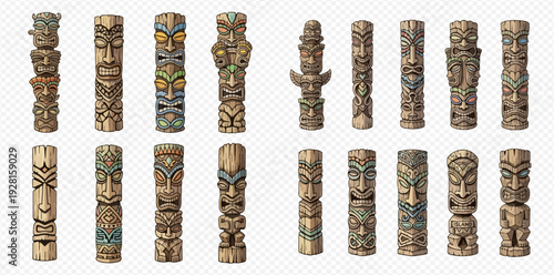 Set of ancient wooden totem poles with tribal masks and symbols, isolated on a transparent background.