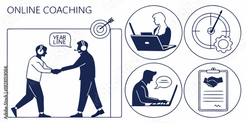 Online coaching session with a trainer and various exercise illustrations Vector