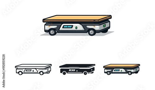 Mechanized efficiency metaphor conveyed by an automated guided vehicle cart with flat platform and small wheels seen from the