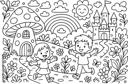 fairytale Magical Wonderland hand drawn vector illustration doodle art line art coloring page for kids