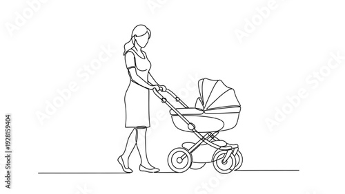 Black Continuous Line Art Mother Walking with Baby Stroller | One Line Parenting Lifestyle Illustration