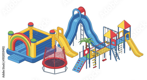 A colorful isometric illustration depicts a playground with slides a bouncy castle and a trampoline silhouette high quality professional detailed modern