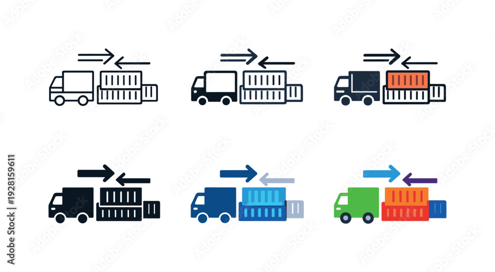 Naklejka premium Goods transportation icon depicting trucks, shipping containers, and directional arrows representing cargo delivery, logistics,