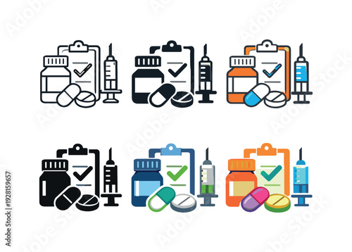 Healthcare medication icon illustrating a pill, prescription bottle, clipboard, and syringe, conveying safe drug administration,