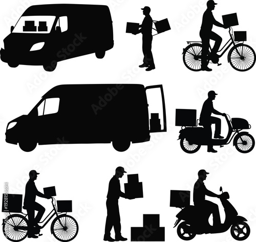 Delivery icon set with vehicles and couriers