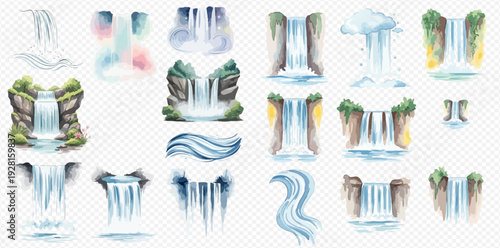Watercolor collection of various waterfalls, cascades, and water streams on a transparent background, hand-drawn vector illustration set.