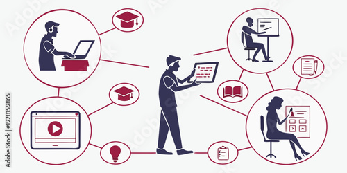 Illustration of a person using a device while others are connected through a network Vector