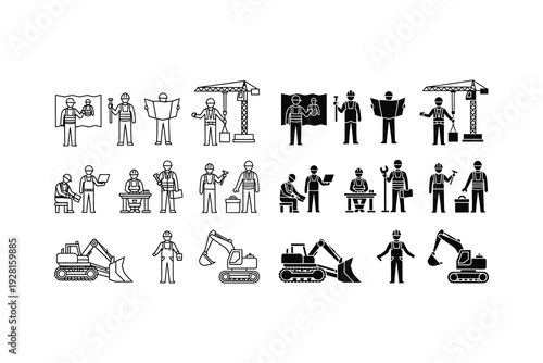 Diverse icons depicting various construction and labor professions and activities