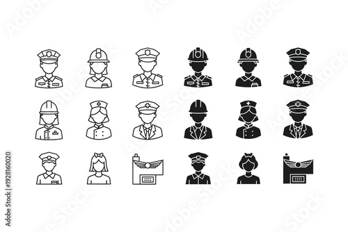 A collection of icons representing various uniformed professions and roles
