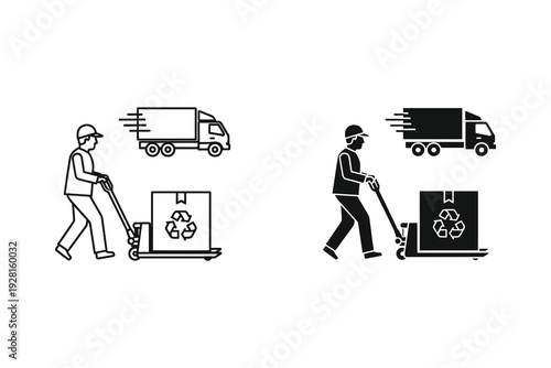 Workers loading and unloading cargo from delivery trucks for recycling process