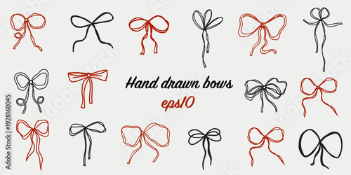 Hand drawn whimsical cute bows ribbon set in simple doodle style. Holiday festive clip art ink drawing collection.Birthday, wedding stickers.