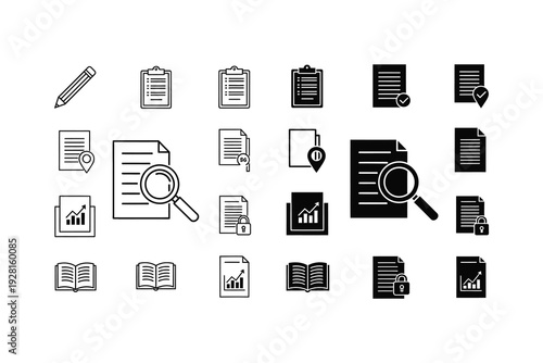 Collection of icons representing document management and research activities