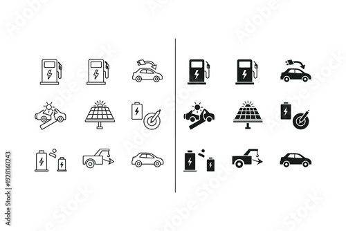 Icon set representing various aspects of modern transportation and energy efficiency