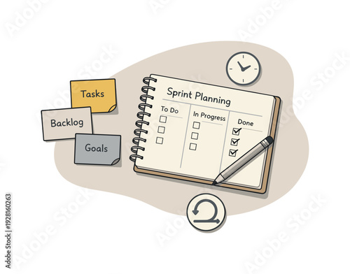 Calm agile sprint planning concept with notebook and sticky notes slightly angled for balance shown from above, arranged in the