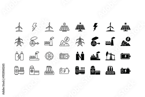 Collection of icons depicting various industrial and office machinery and equipment