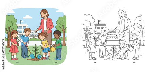 Teacher and diverse children planting a tree in the schoolyard, colored and black and white coloring page outline vector illustration