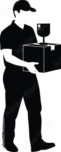 Delivery man carrying box and drink
