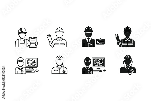Diverse icons depicting various professionals working with technology and documents