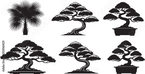 Black silhouette illustrations of palm tree and bonsai trees in various artistic styles, representing nature, gardening, plant design, oriental culture, and minimalist vector artwork.
