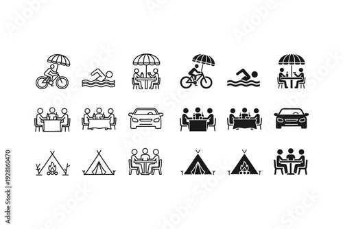 Collection of icons depicting various vacation and outdoor activity themes