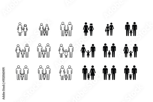 Collection of diverse silhouettes representing various human body postures and attire styles