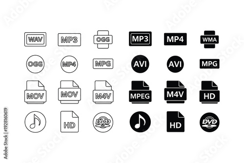 Common audio and video file format icons displayed in a grid layout