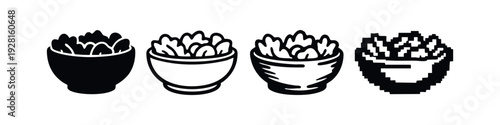 Stylized outline vector icon of a bowl filled with fresh salad leaves, on a white background.
