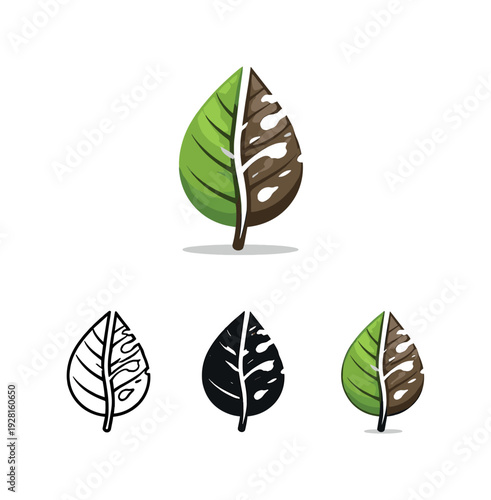 Fragile balance metaphor conveyed by a leaf silhouette split down the center with one half intact and the other damaged, standing