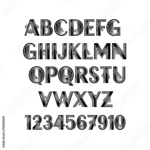 Art Deco Inspired Alphabet and Numbers with Textured Fill.