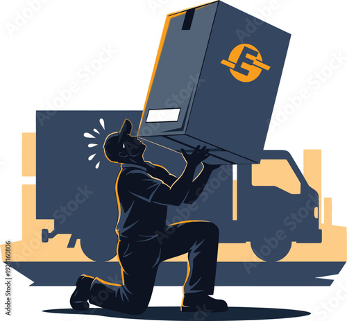Delivery man carrying box with truck