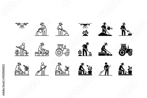 A collection of icons depicting various agricultural and farming activities.