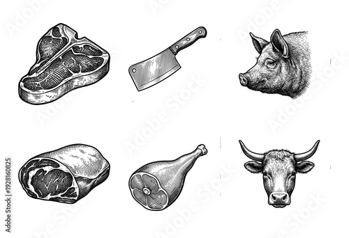 Vintage engraving collection of butchery elements featuring cattle, swine, raw meat cuts, and a professional cleaver knife.