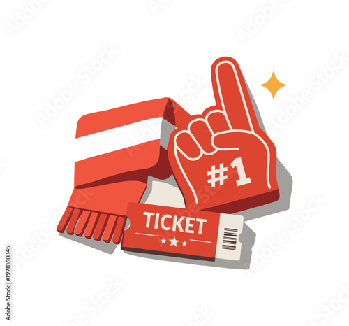 Minimal sports fan essentials concept with scarf foam finger and ticket loosely arranged seen from a top-down angle, offset to