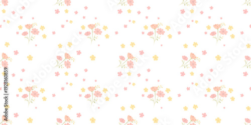 Seamless pastel floral pattern with pink and yellow wildflowers on a soft light background.