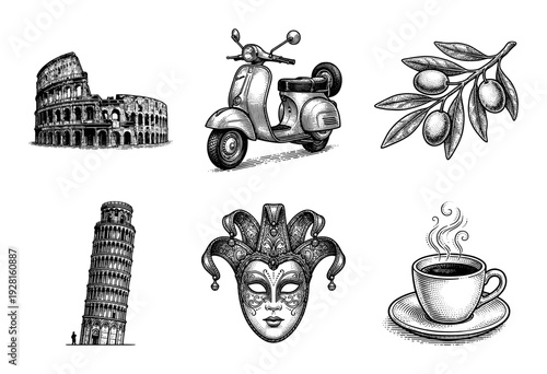 Collection of traditional Italian symbols and landmarks in a classic vintage woodcut engraving style including architecture, culture, and culinary elements.